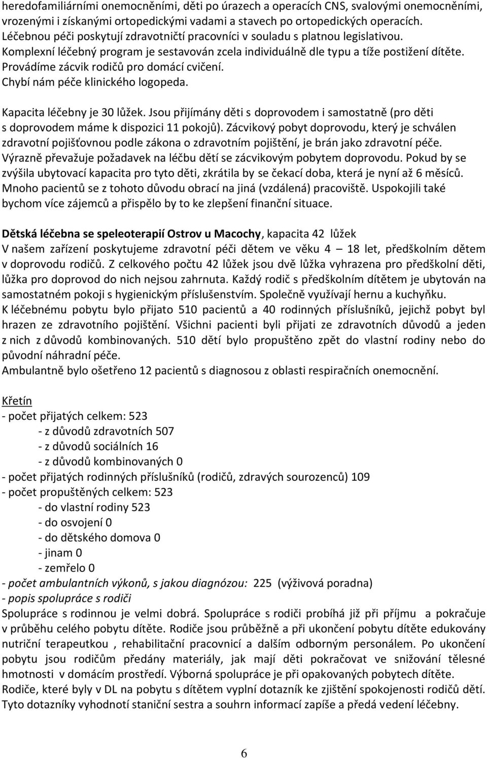 Provádíme zácvik rodičů pro domácí cvičení. Chybí nám péče klinického logopeda. Kapacita léčebny je 30 lůžek.