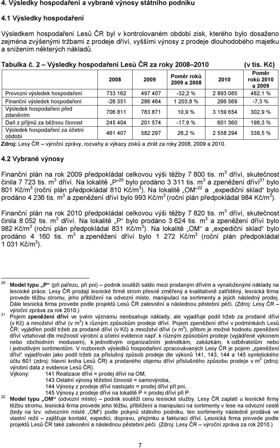 snížením některých nákladů. Tabulka č. 2 Výsledky hospodaření Lesů ČR za roky 2008 2010 (v tis.