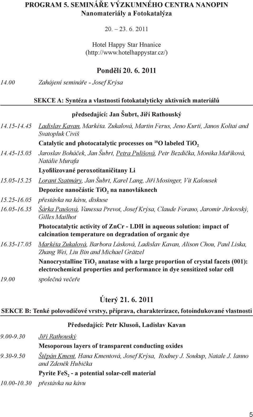 45 Ladislav Kavan, Markéta. Zukalová, Martin Ferus, Jeno Kurti, Janos Koltai and Svatopluk Civiš Catalytic and photocatalytic processes on 18 O labeled TiO 2 14.45-15.