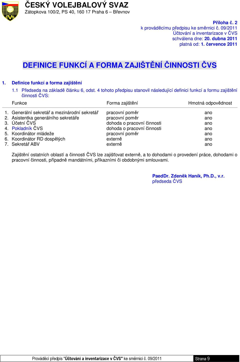 4 tohoto předpisu stanovil následující definici funkcí a formu zajištění činnosti ČVS: Funkce Forma zajištění Hmotná odpovědnost 1. Generální sekretář a mezinárodní sekretář pracovní poměr ano 2.