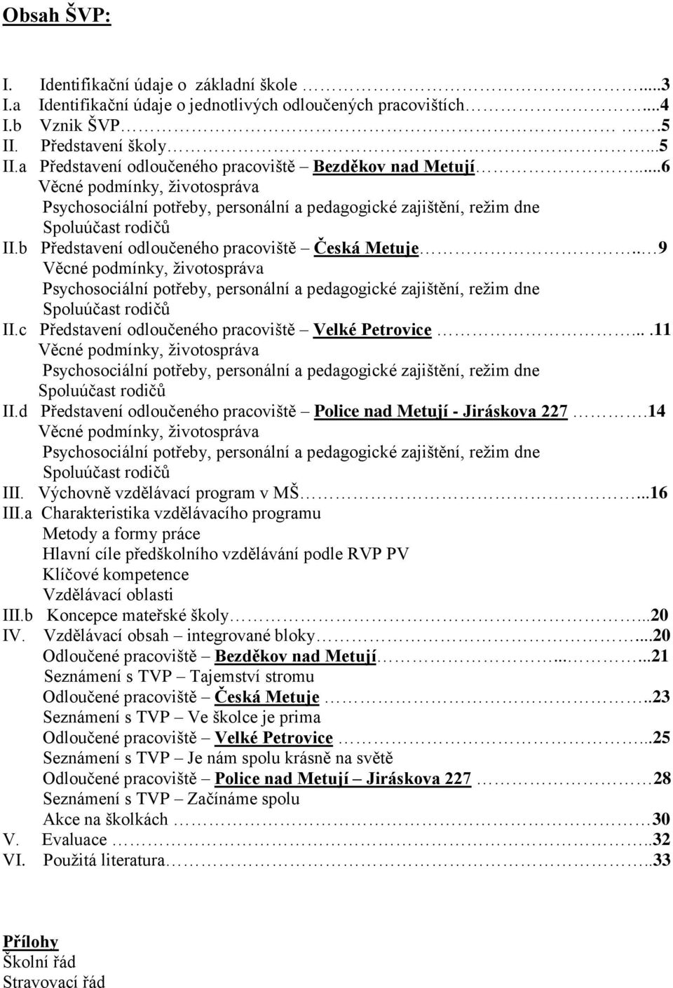 . 9 Věcné podmínky, životospráva Psychosociální potřeby, personální a pedagogické zajištění, režim dne Spoluúčast rodičů II.c Představení odloučeného pracoviště Velké Petrovice.