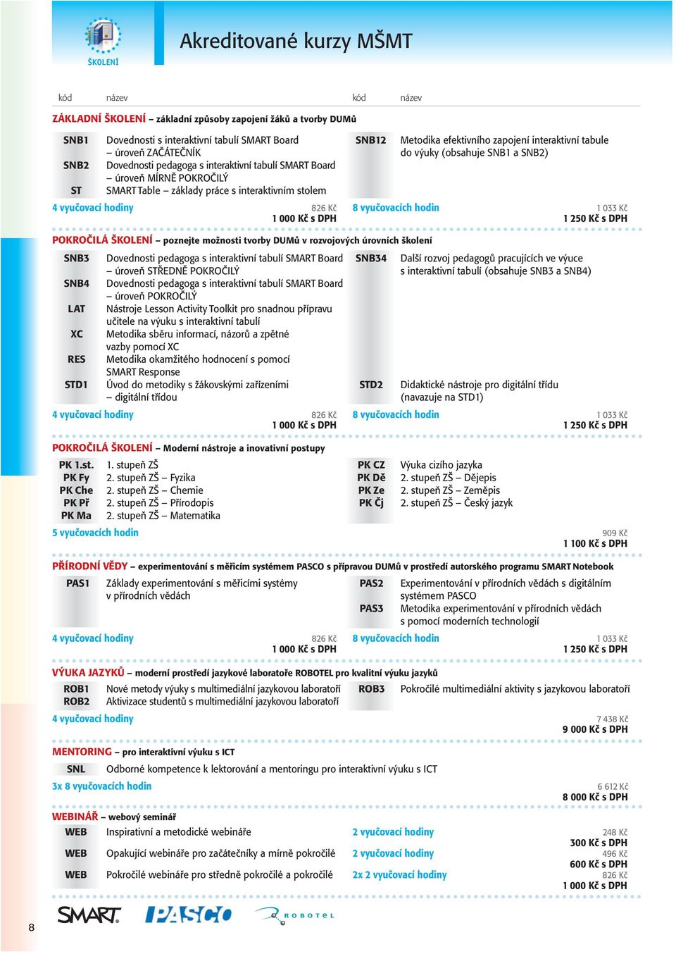 stolem 4 vyučovací hodiny 826 Kč 8 vyučovacích hodin 1 033 Kč 1 000 Kč s DPH 1 250 Kč s DPH POKROČILÁ ŠKOLENÍ poznejte možnosti tvorby DUMů v rozvojových úrovních školení SNB3 Dovednosti pedagoga s