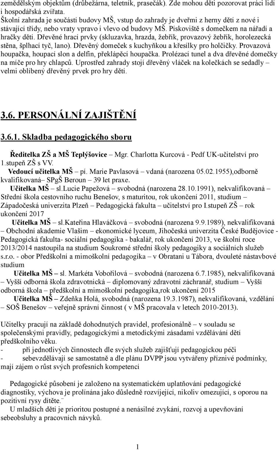 Dřevěné hrací prvky (skluzavka, hrazda, žebřík, provazový žebřík, horolezecká stěna, šplhací tyč, lano). Dřevěný domeček s kuchyňkou a křesílky pro holčičky.