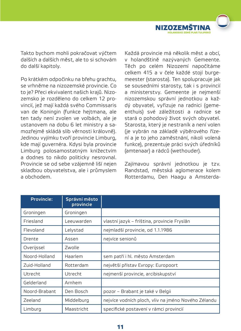 Nizozemsko je rozděleno do celkem 12 provincií, jež mají každá svého Commissaris van de Koningin (funkce hejtmana, ale ten tady není zvolen ve volbách, ale je ustanovem na dobu 6 let ministry a