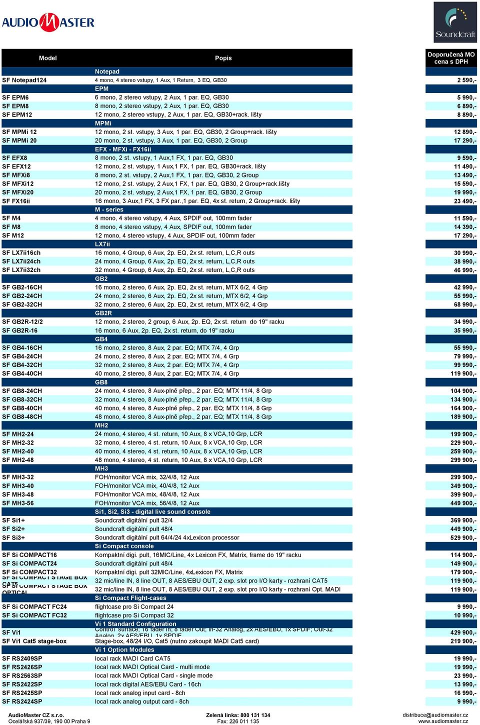 vstupy, 3 Aux, 1 par. EQ, GB30, 2 Group EFX - MFXi - FX16ii SF EFX8 8 mono, 2 st. vstupy, 1 Aux,1 FX, 1 par. EQ, GB30 SF EFX12 12 mono, 2 st. vstupy, 1 Aux,1 FX, 1 par. EQ, GB30+rack.