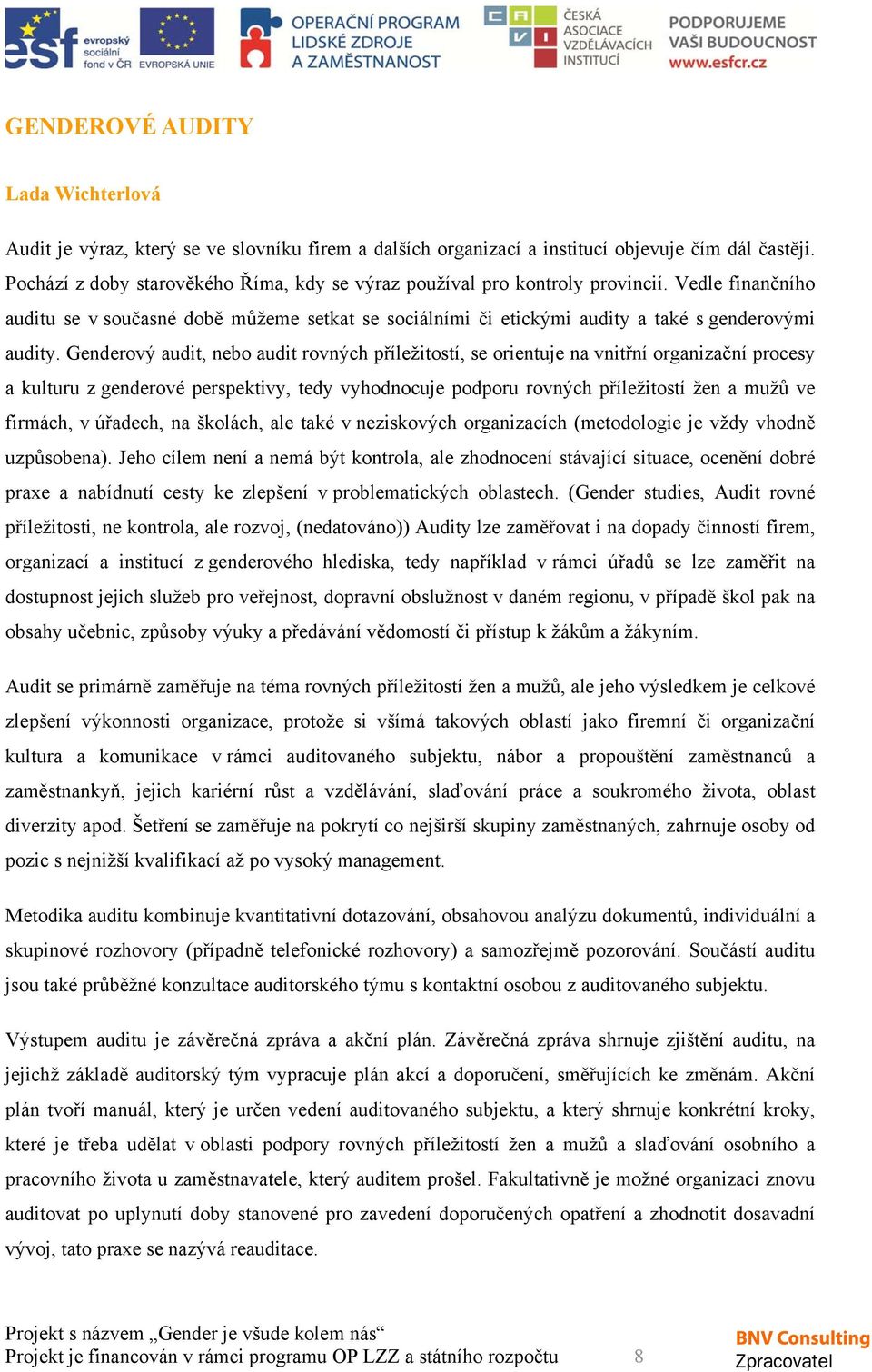 Genderový audit, nebo audit rovných příležitostí, se orientuje na vnitřní organizační procesy a kulturu z genderové perspektivy, tedy vyhodnocuje podporu rovných příležitostí žen a mužů ve firmách, v