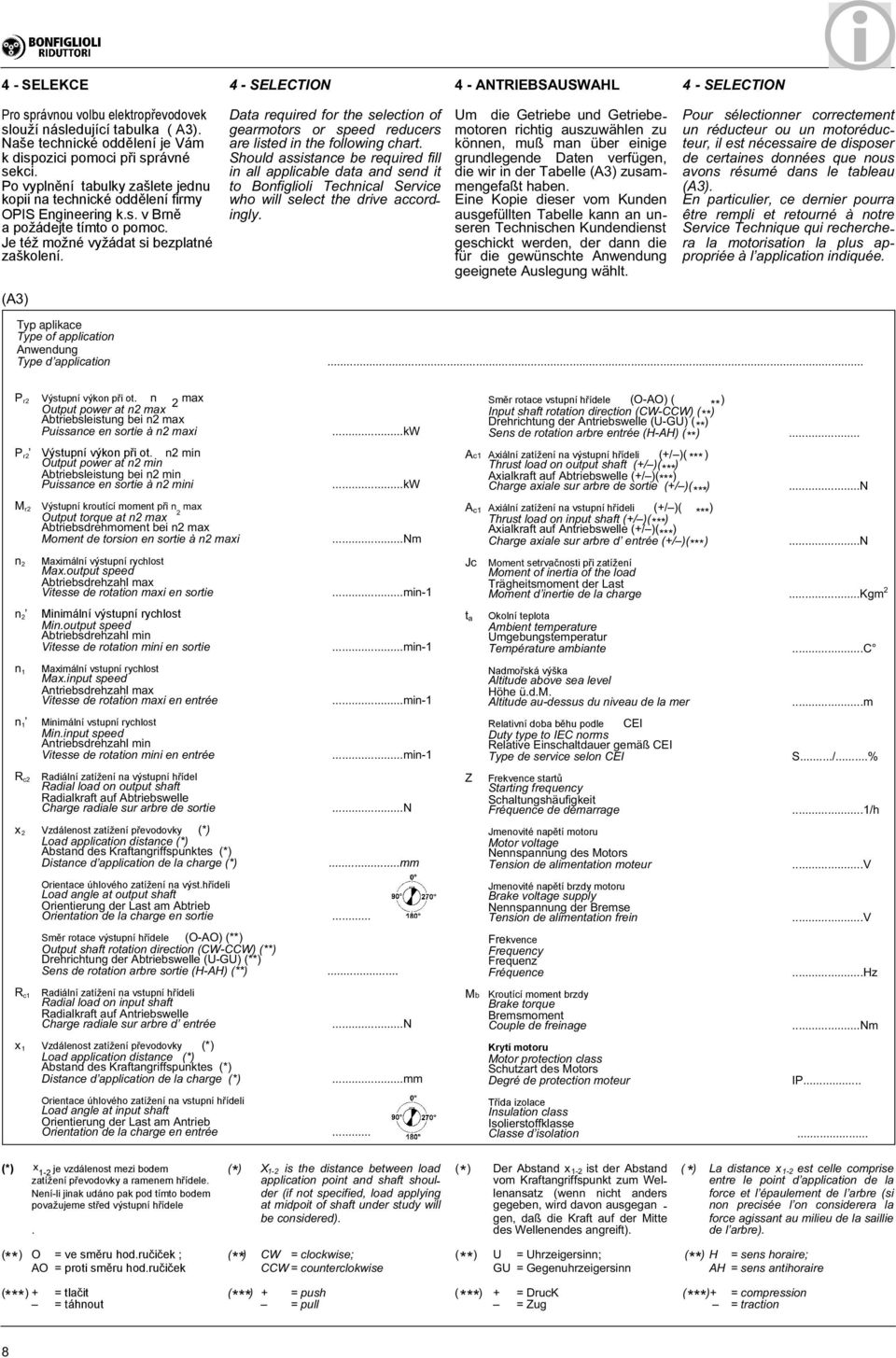 reducers are listed in the following chart hould assistance be required fill in all applicable data and send it to Bonfiglioli Technical ervice who will select the drive accordingly Um die Getriebe