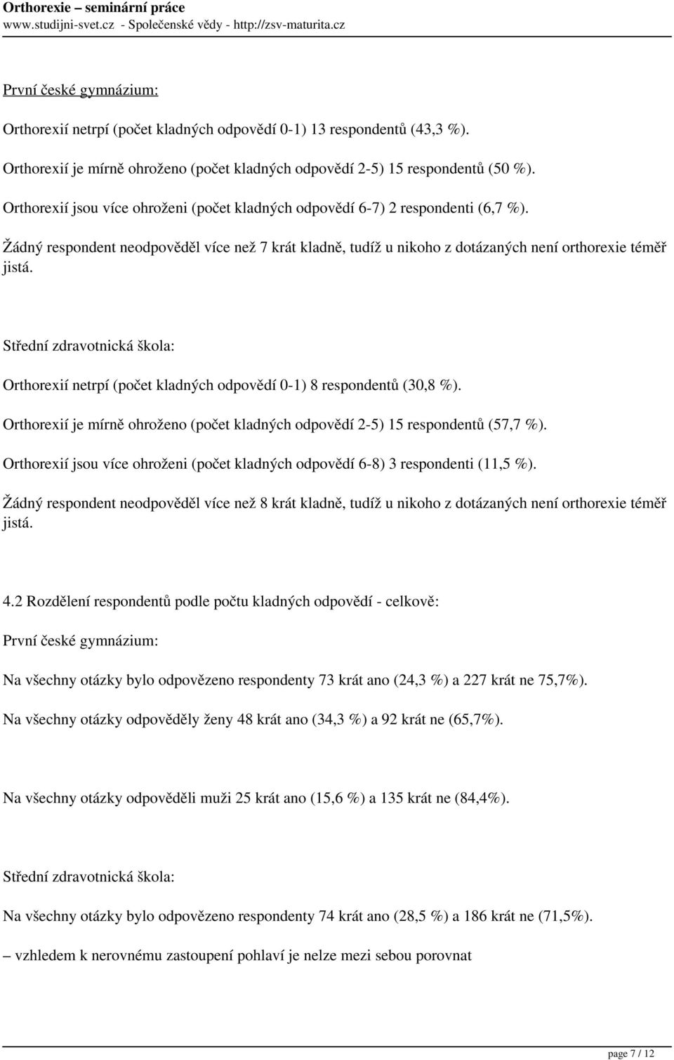 Orthorexií netrpí (počet kladných odpovědí 0-1) 8 respondentů (30,8 %). Orthorexií je mírně ohroženo (počet kladných odpovědí 2-5) 15 respondentů (57,7 %).