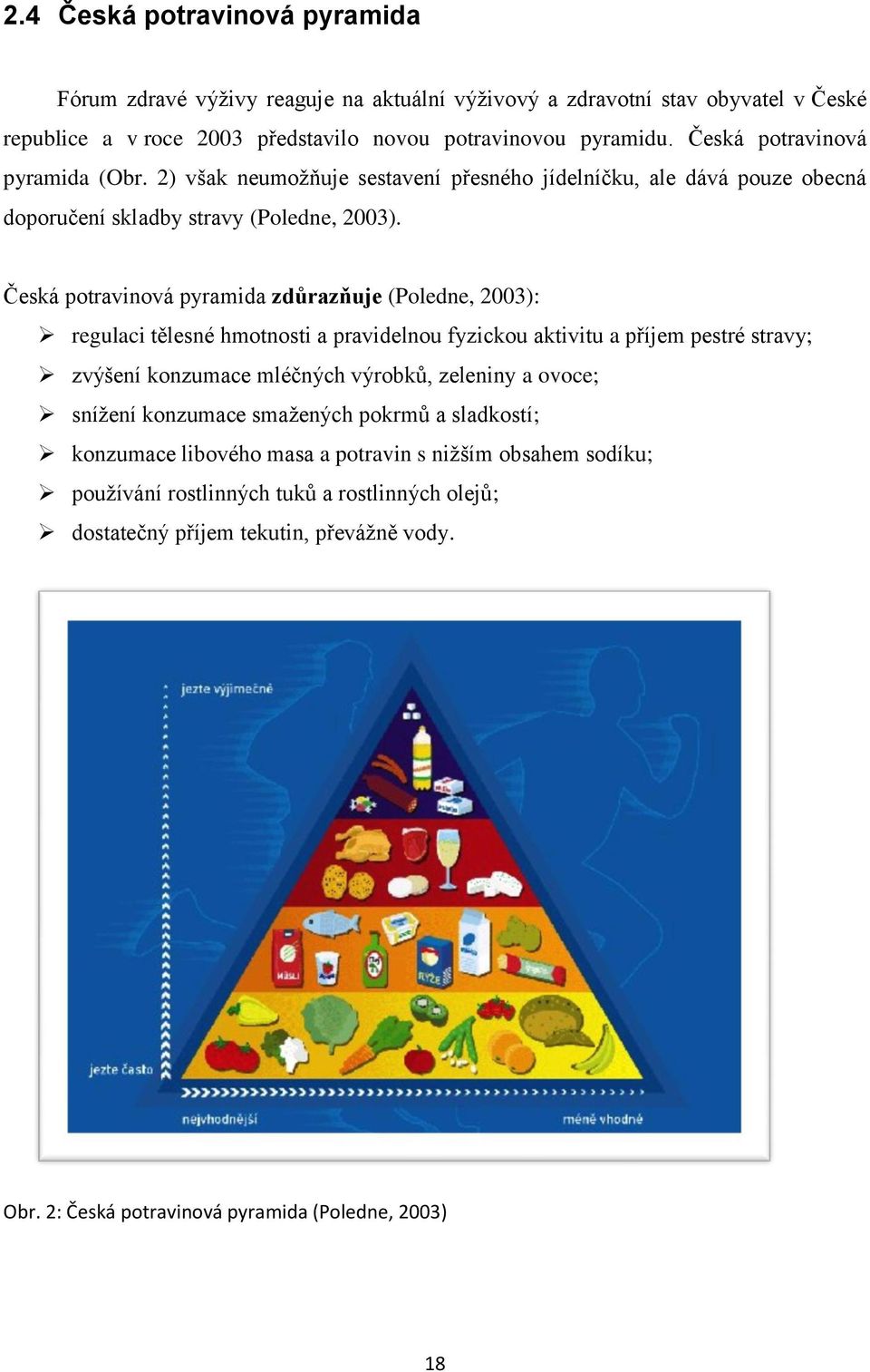 Česká potravinová pyramida zdůrazňuje (Poledne, 2003): regulaci tělesné hmotnosti a pravidelnou fyzickou aktivitu a příjem pestré stravy; zvýšení konzumace mléčných výrobků, zeleniny a ovoce;