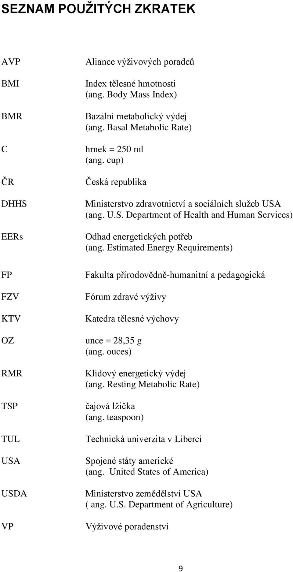 Estimated Energy Requirements) Fakulta přírodovědně-humanitní a pedagogická Fórum zdravé výţivy Katedra tělesné výchovy unce = 28,35 g (ang. ouces) Klidový energetický výdej (ang.