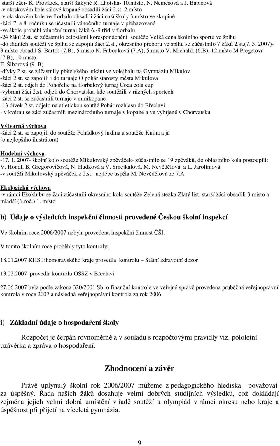 st., okresního peboru ve šplhu se zúastnilo 7 žák 2.st.(7. 3. 2007)- 3.místo obsadil S. Bartoš (7.B), 5.místo N. Fabouková (7.A), 5.místo V. Michalík (6.B), 12.místo M.Pregetová (7.B), 10.místo E.