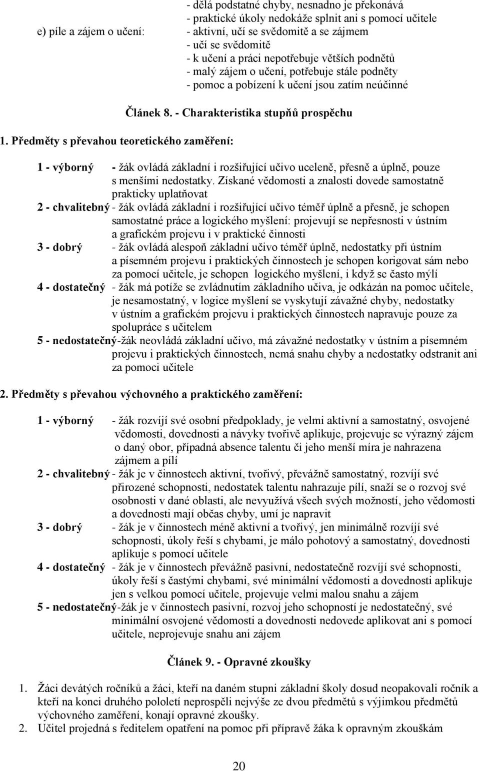 - Charakteristika stupňů prospěchu 1 - výborný - žák ovládá základní i rozšiřující učivo uceleně, přesně a úplně, pouze s menšími nedostatky.