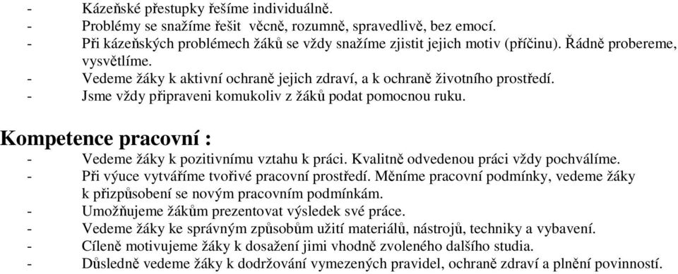 Kompetence pracovní : - Vedeme žáky k pozitivnímu vztahu k práci. Kvalitně odvedenou práci vždy pochválíme. - Při výuce vytváříme tvořivé pracovní prostředí.