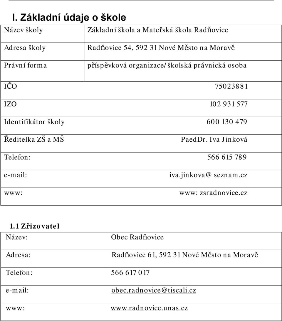 ZŠ a MŠ PaedDr. Iva Jinková Telefon: 566 615 789 e-mail: www: iva.jinkova@ seznam.cz www: zsradnovice.cz 1.