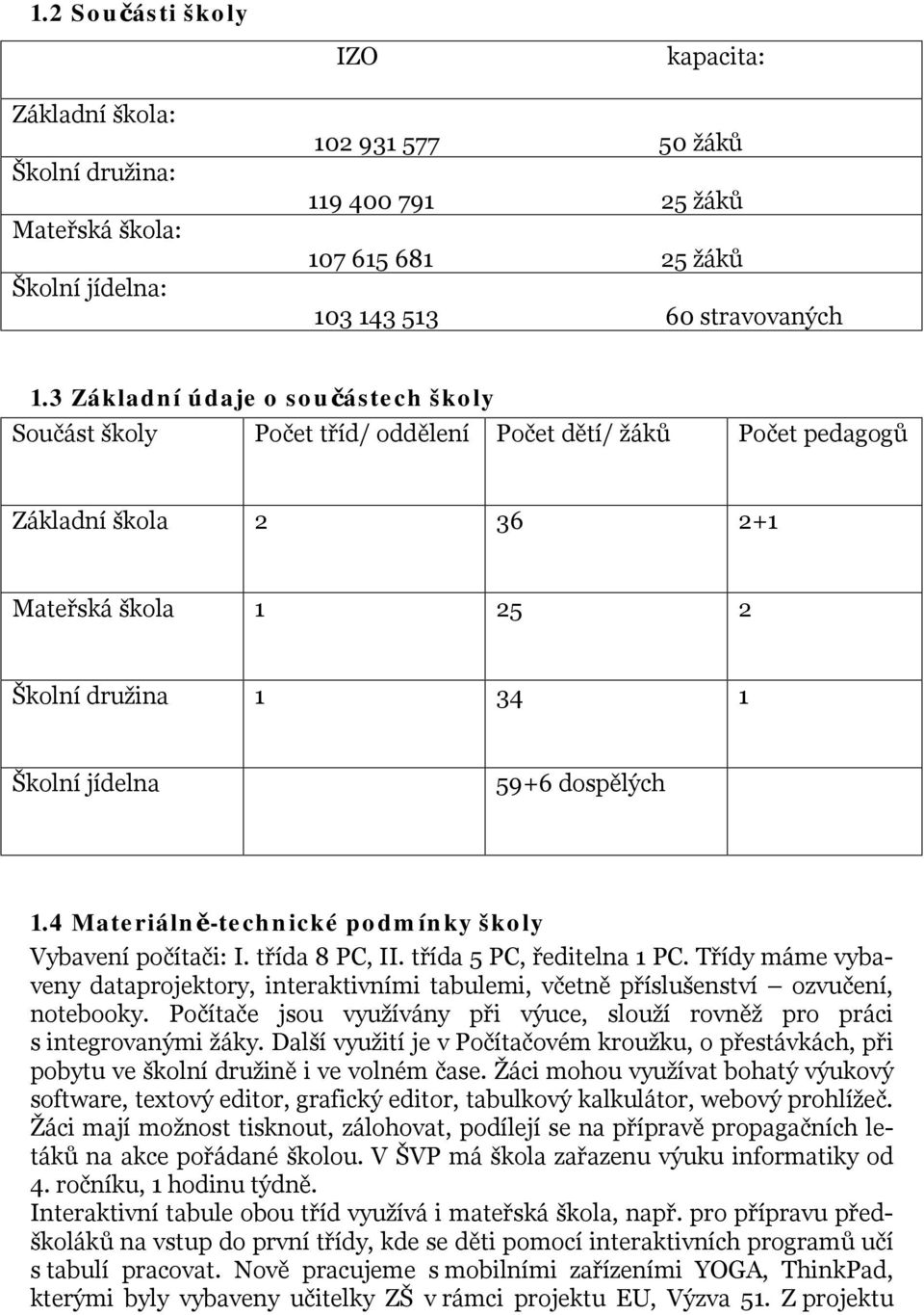 dospělých 1.4 Materiálně-technické podmínky školy Vybavení počítači: I. třída 8 PC, II. třída 5 PC, ředitelna 1 PC.