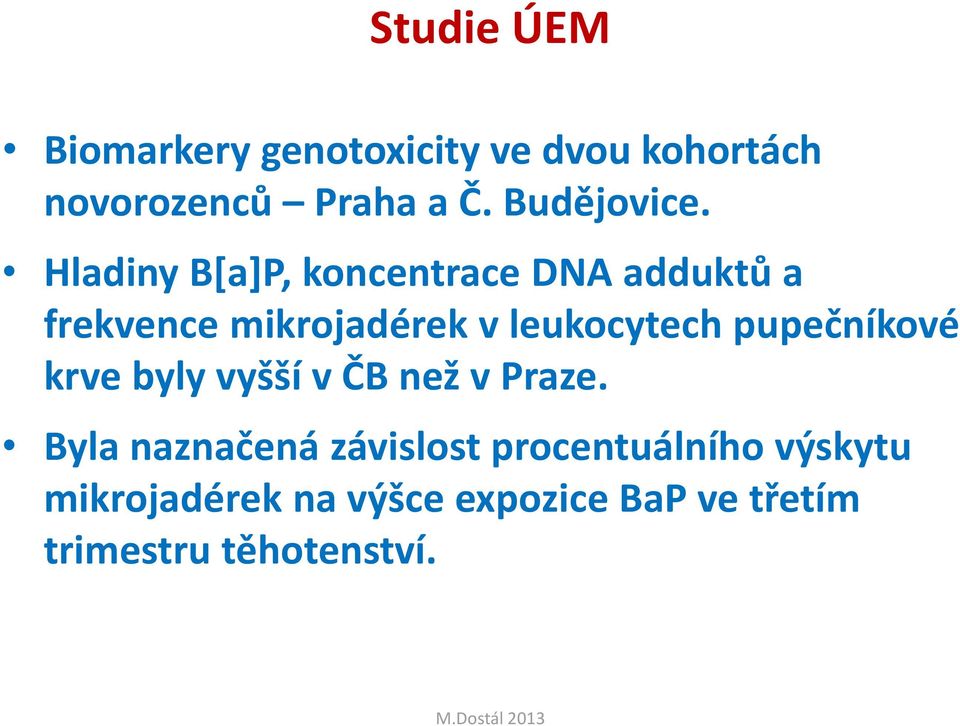 Hladiny B[a]P, koncentrace DNA adduktů a frekvence mikrojadérek v leukocytech