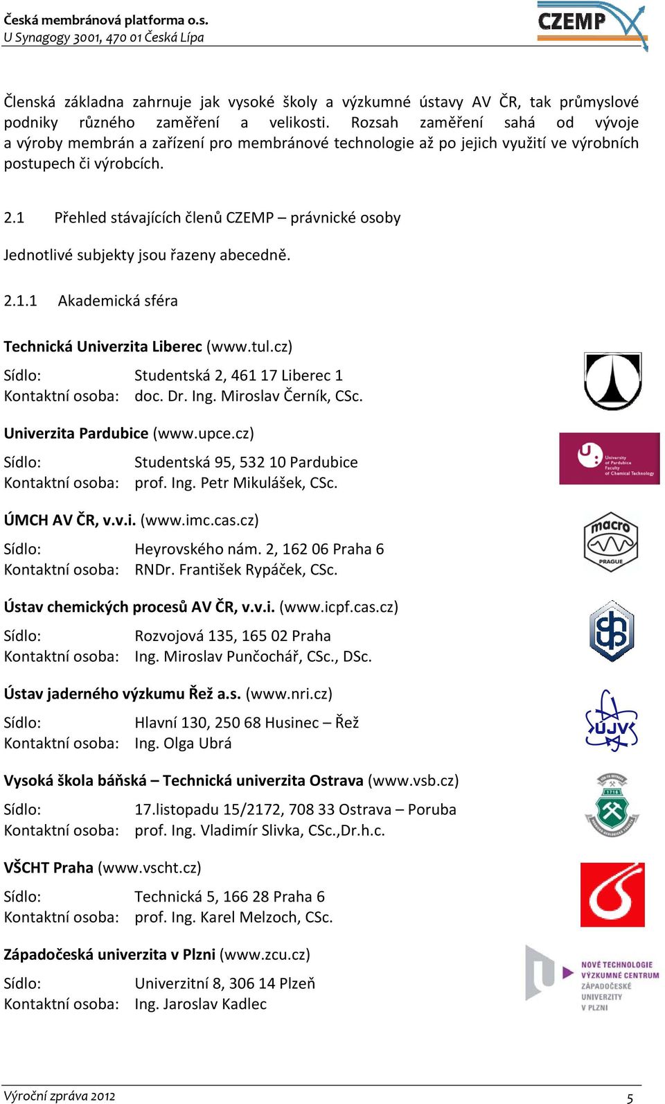 1 Přehled stávajících členů CZEMP právnické osoby Jednotlivé subjekty jsou řazeny abecedně. 2.1.1 Akademická sféra Technická Univerzita Liberec (www.tul.