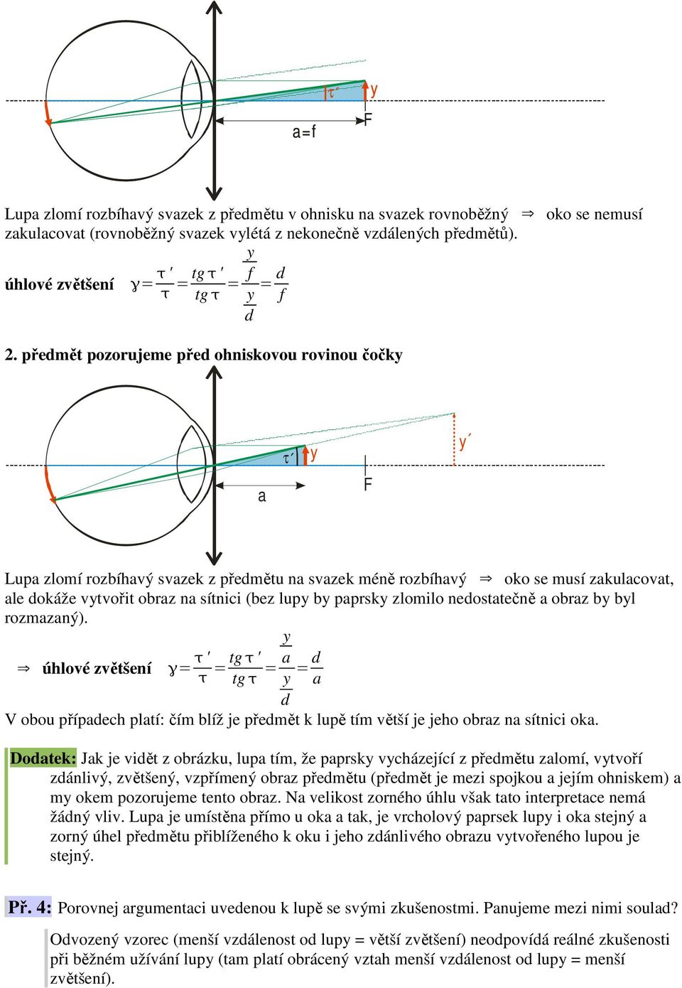 zlomilo neostatečně a obraz b bl rozmazaný). úhlové zvětšení = ' = tg ' tg = a = a V obou přípaech platí: čím blíž je přemět k lupě tím větší je jeho obraz na sítnici oka.