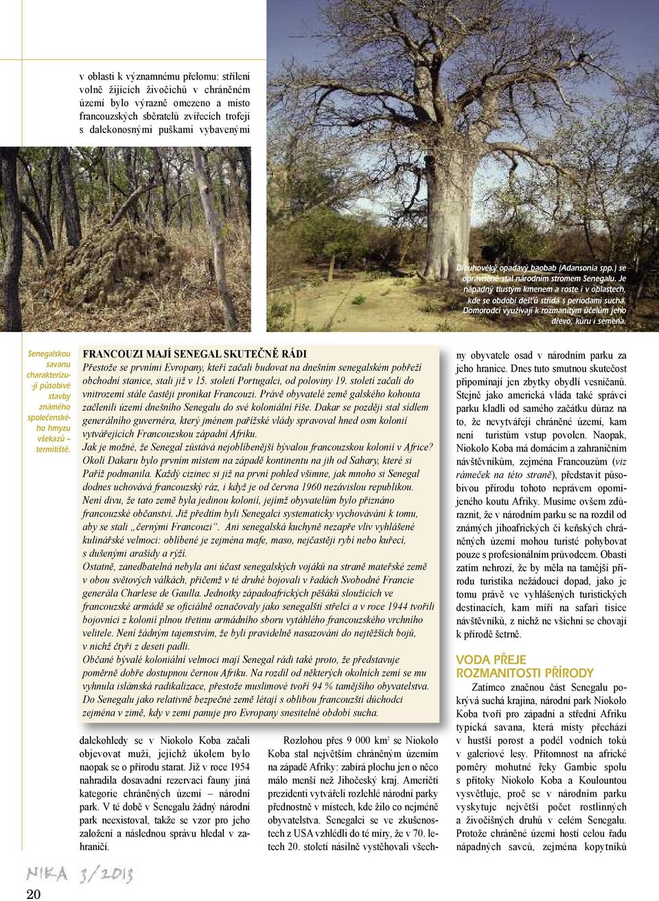 Domorodci využívají k rozmanitým účelům jeho dřevo, kůru i semena. Senegalskou savanu charakterizu- -jí působivé stavby známého společenského hmyzu všekazů termitiště.