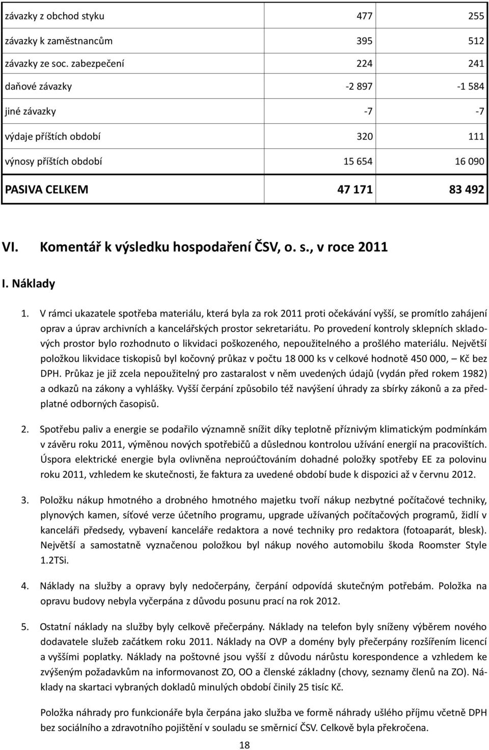 Komentář k výsledku hospodaření ČSV, o. s., v roce 2011 I. Náklady 1.