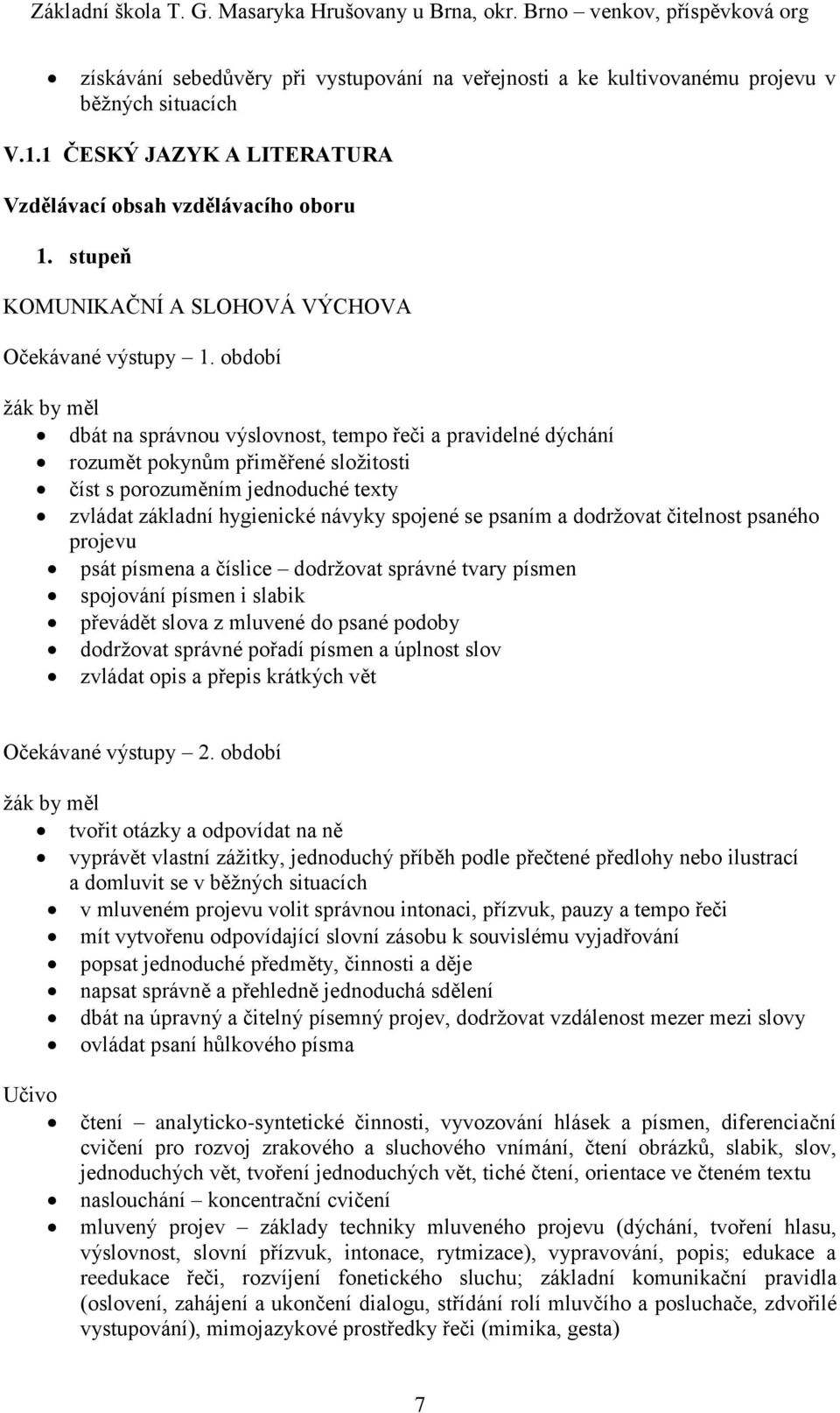 období dbát na správnou výslovnost, tempo řeči a pravidelné dýchání rozumět pokynům přiměřené složitosti číst s porozuměním jednoduché texty zvládat základní hygienické návyky spojené se psaním a