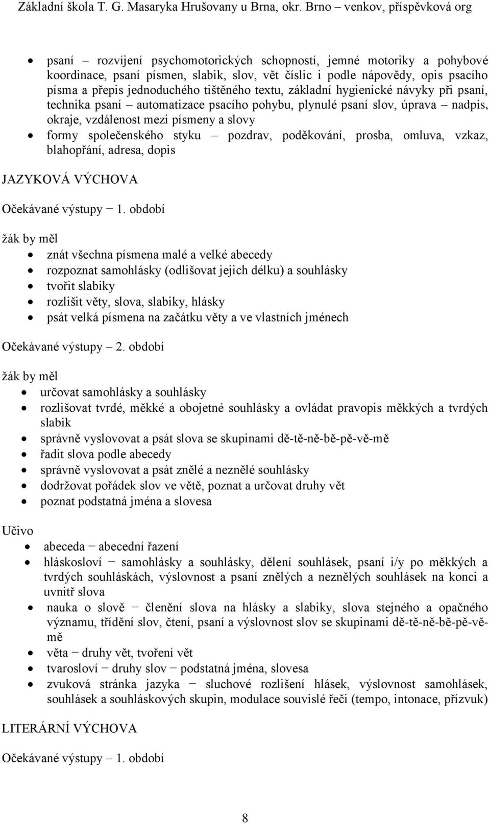 poděkování, prosba, omluva, vzkaz, blahopřání, adresa, dopis JAZYKOVÁ VÝCHOVA znát všechna písmena malé a velké abecedy rozpoznat samohlásky (odlišovat jejich délku) a souhlásky tvořit slabiky