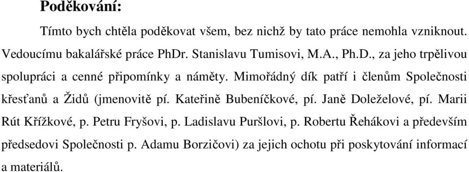 Mimořádný dík patří i členům Společnosti křesťanů a Židů (jmenovitě pí. Kateřině Bubeníčkové, pí. Janě Doleželové, pí.