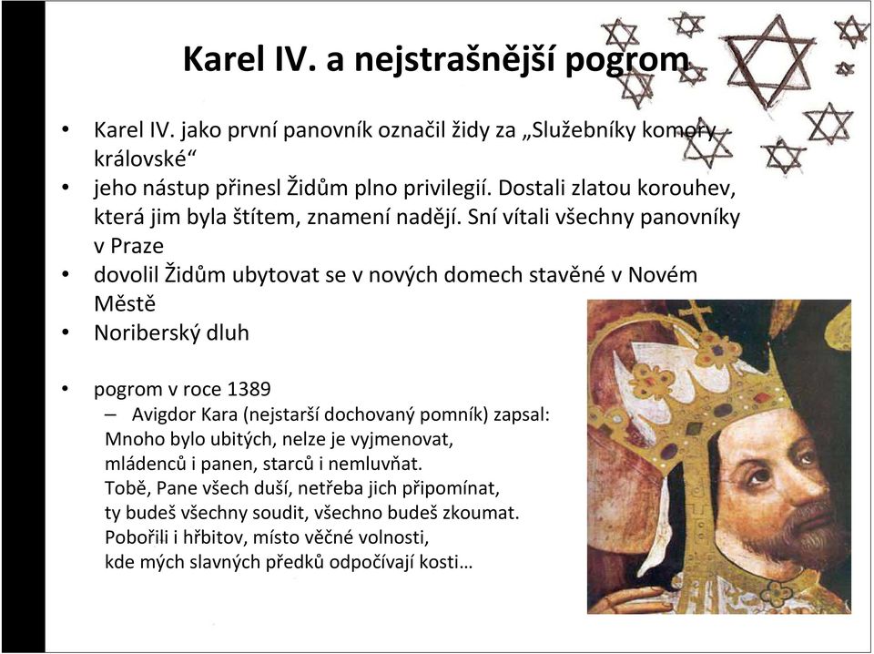 Snívítali všechny panovníky v Praze dovolil Židům ubytovat se v nových domech stavěnév Novém Městě Noriberský dluh pogrom v roce 1389 Avigdor Kara(nejstarší