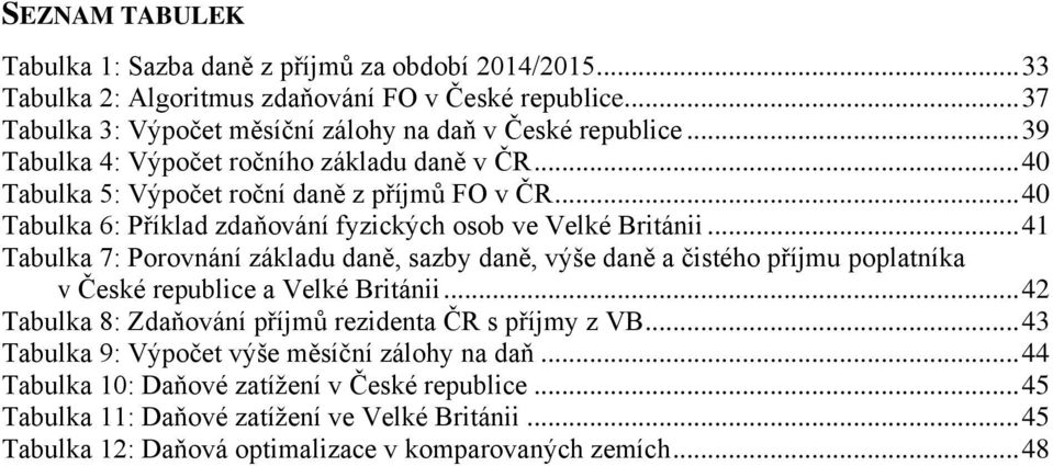 .. 41 Tabulka 7: Porovnání základu daně, sazby daně, výše daně a čistého příjmu poplatníka v České republice a Velké Británii... 42 Tabulka 8: Zdaňování příjmů rezidenta ČR s příjmy z VB.