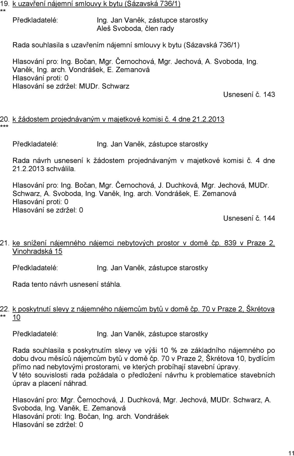 Vaněk, Ing. arch. Vondrášek, E. Zemanová Hlasování proti: 0 Hlasování se zdržel: MUDr. Schwarz Usnesení č. 143 20. *** k žádostem projednávaným v majetkové komisi č. 4 dne 21.2.2013 Předkladatelé: Ing.