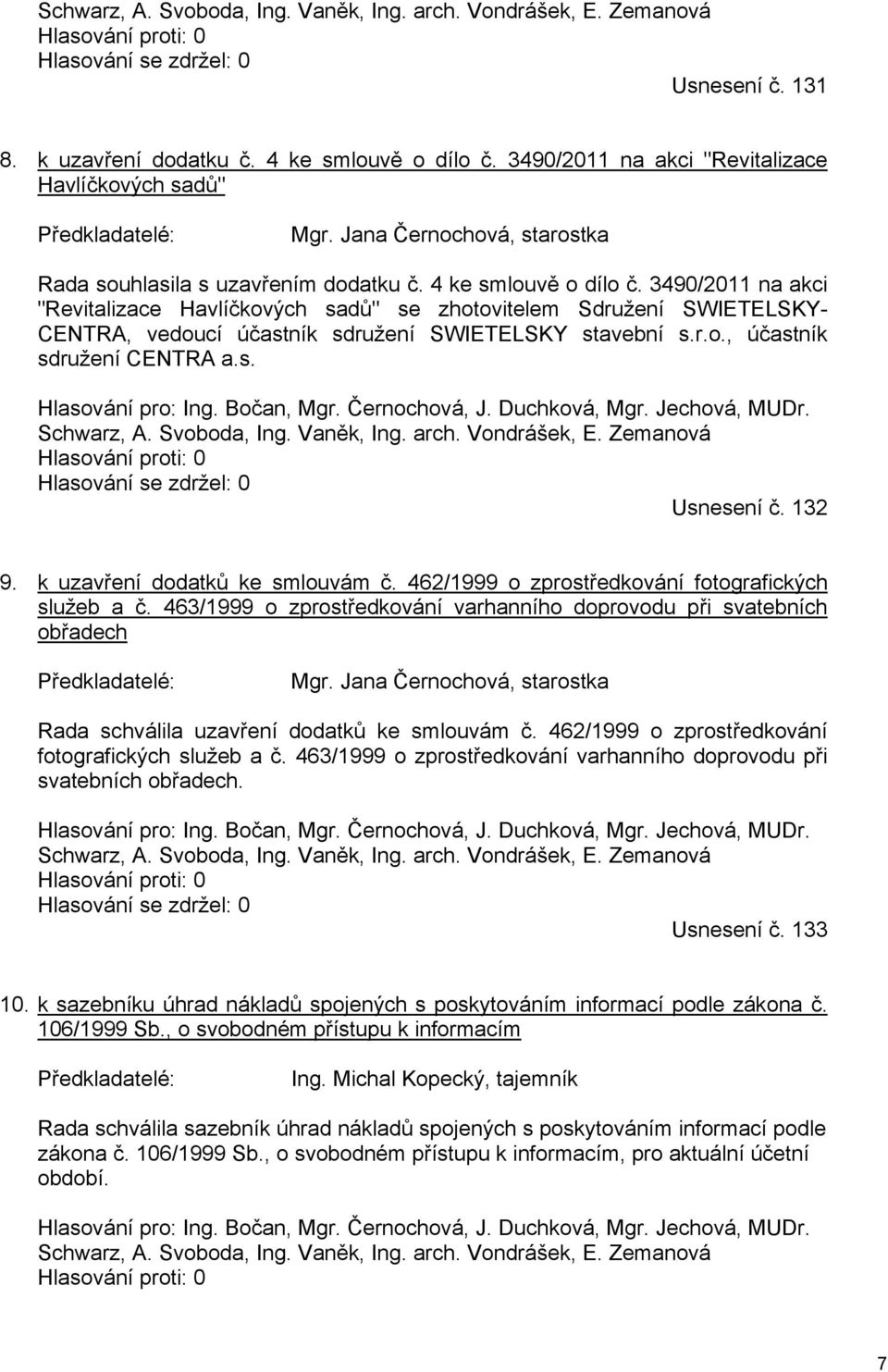 3490/2011 na akci "Revitalizace Havlíčkových sadů" se zhotovitelem Sdružení SWIETELSKY- CENTRA, vedoucí účastník sdružení SWIETELSKY stavební s.r.o., účastník sdružení CENTRA a.s. Hlasování pro: Ing.