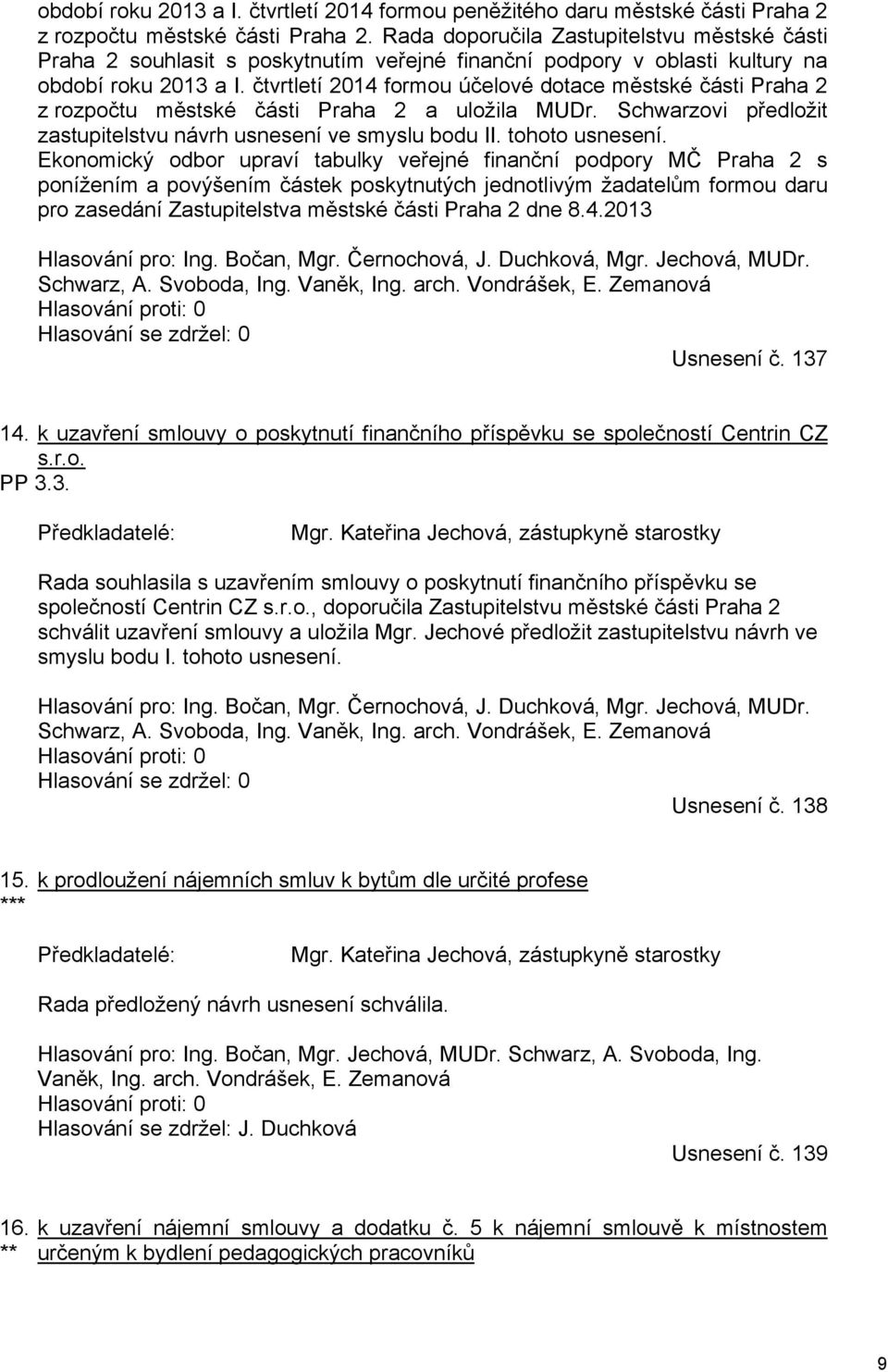 čtvrtletí 2014 formou účelové dotace městské části Praha 2 z rozpočtu městské části Praha 2 a uložila MUDr. Schwarzovi předložit zastupitelstvu návrh usnesení ve smyslu bodu II. tohoto usnesení.