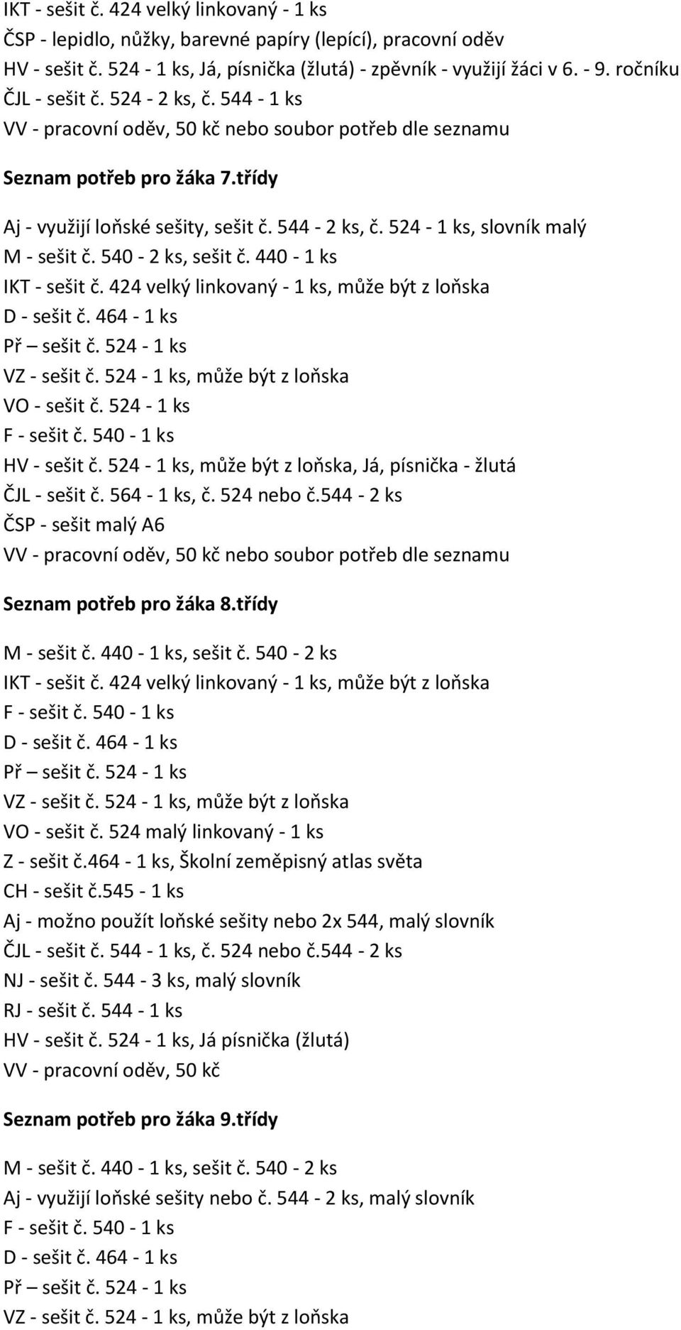 524-1 ks, slovník malý M - sešit č. 540-2 ks, sešit č. 440-1 ks IKT - sešit č. 424 velký linkovaný - 1 ks, může být z loňska D - sešit č. 464-1 ks Př sešit č. 524-1 ks VZ - sešit č.