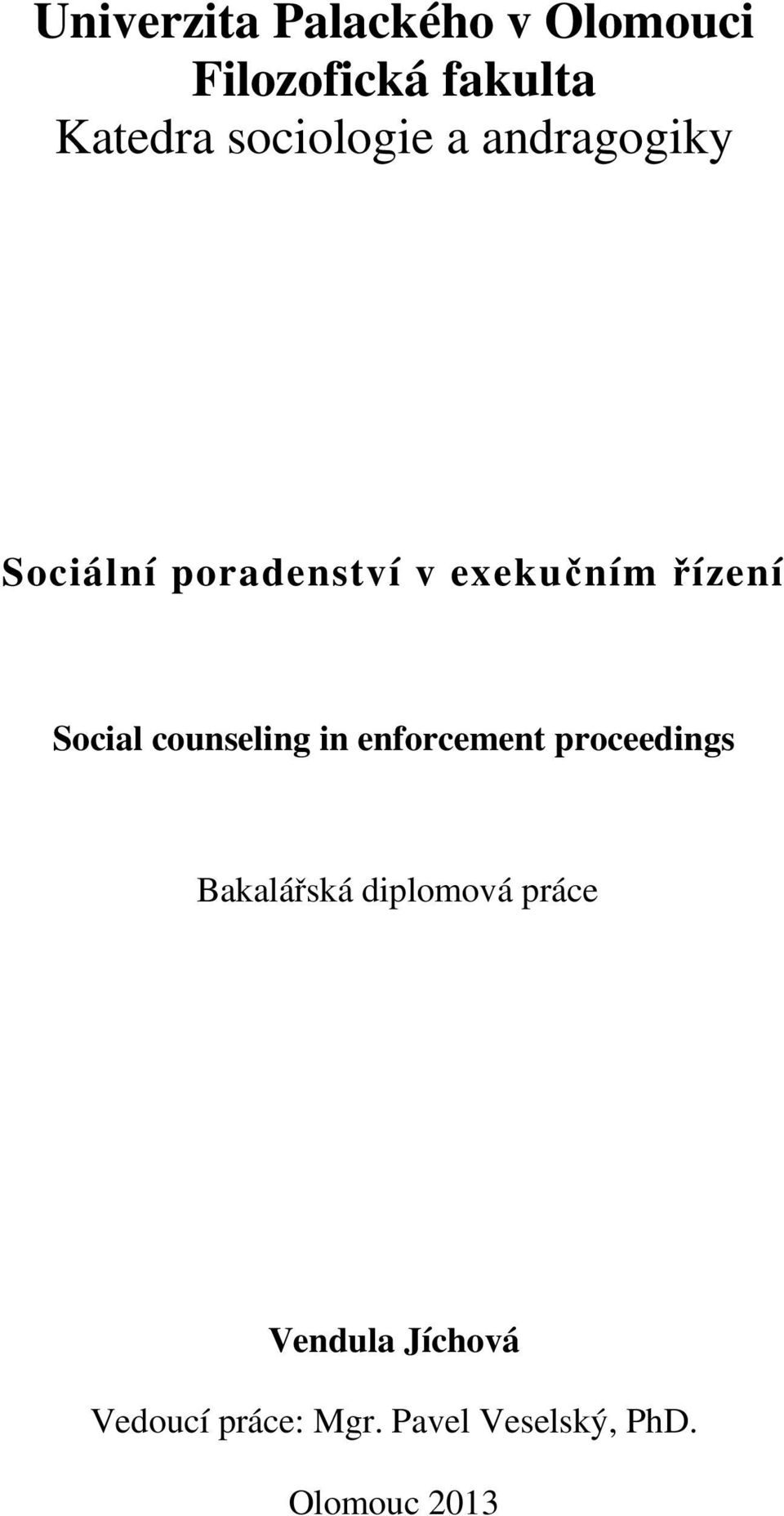Social counseling in enforcement proceedings Bakalářská diplomová