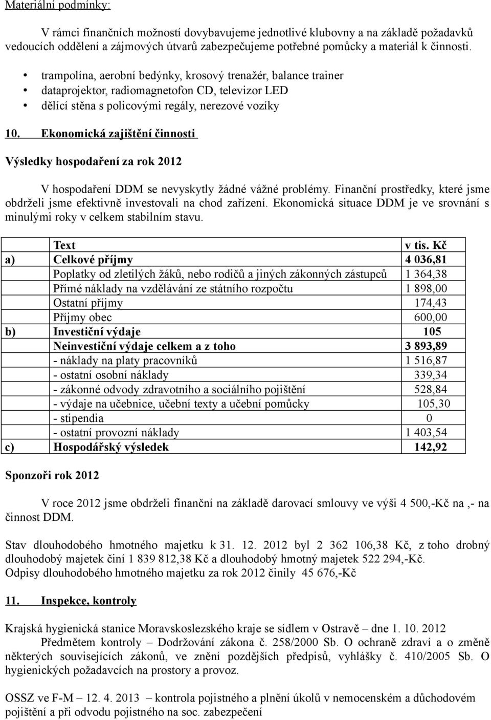 Ekonomická zajištění činnosti Výsledky hospodaření za rok 2012 V hospodaření DDM se nevyskytly žádné vážné problémy.