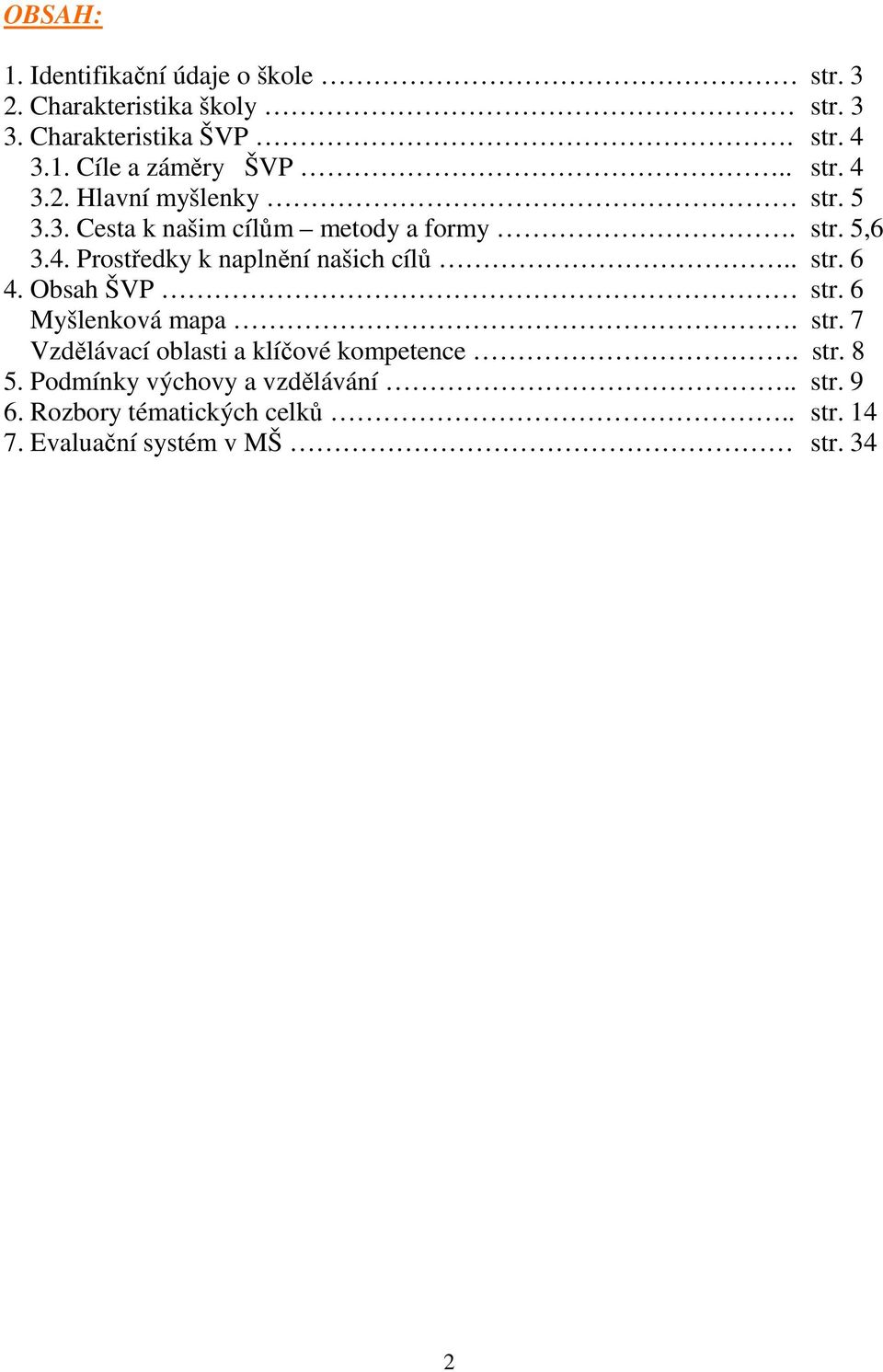 . str. 6 4. Obsah ŠVP str. 6 Myšlenková mapa. str. 7 Vzdělávací oblasti a klíčové kompetence. str. 8 5.
