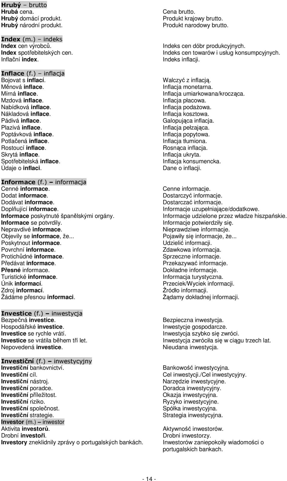 Spotřebitelská inflace. Údaje o inflaci. Informace (f.) informacja Cenné informace. Dodat informace. Dodávat informace. Doplňující informace. Informace poskytnuté španělskými orgány.