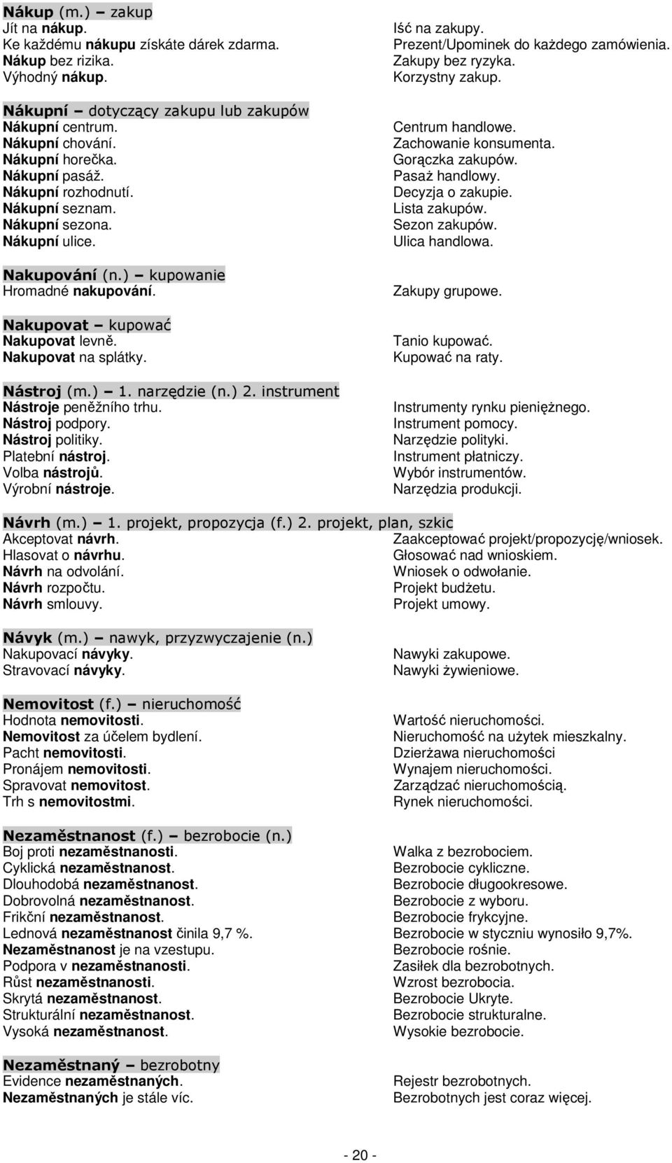 ) 1. narzędzie (n.) 2. instrument Nástroje peněžního trhu. Nástroj podpory. Nástroj politiky. Platební nástroj. Volba nástrojů. Výrobní nástroje. Iść na zakupy. Prezent/Upominek do każdego zamówienia.