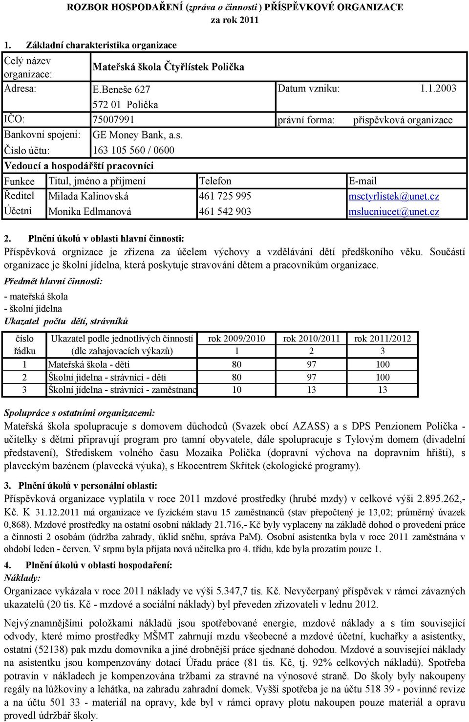 Plnění úkolů v oblasti hlavní činnosti: Příspěvková orgnizace je zřízena za účelem výchovy a vzdělávání dětí předškoního věku.