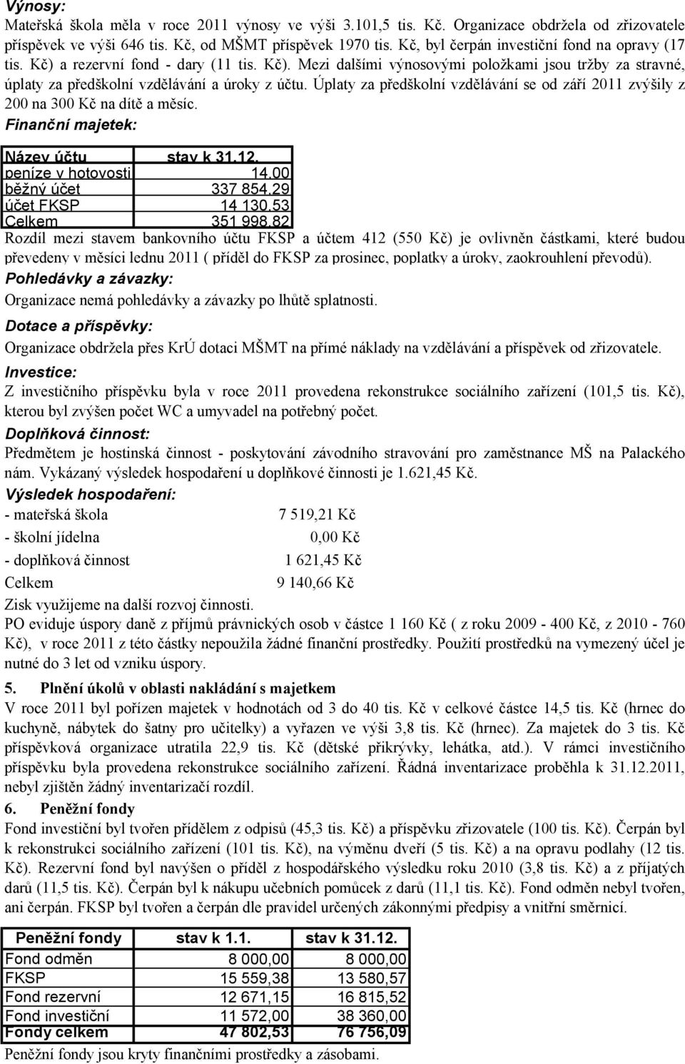 Úplaty za předškolní vzdělávání se od září 2011 zvýšily z 200 na 300 Kč na dítě a měsíc. Finanční majetek: Název účtu stav k 31.12.