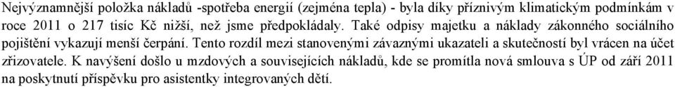 Tento rozdíl mezi stanovenými závaznými ukazateli a skutečností byl vrácen na účet zřizovatele.