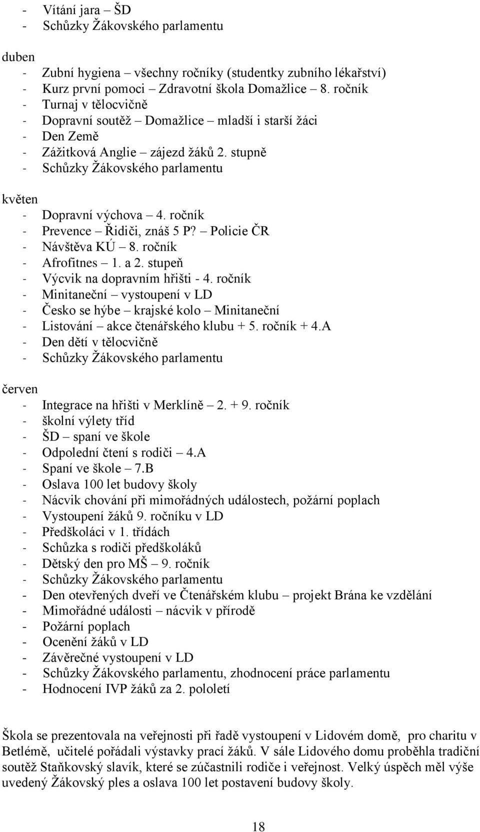 ročník Prevence Řidiči, znáš 5 P? Policie ČR Návštěva KÚ 8. ročník Afrofitnes 1. a 2. stupeň Výcvik na dopravním hřišti - 4.