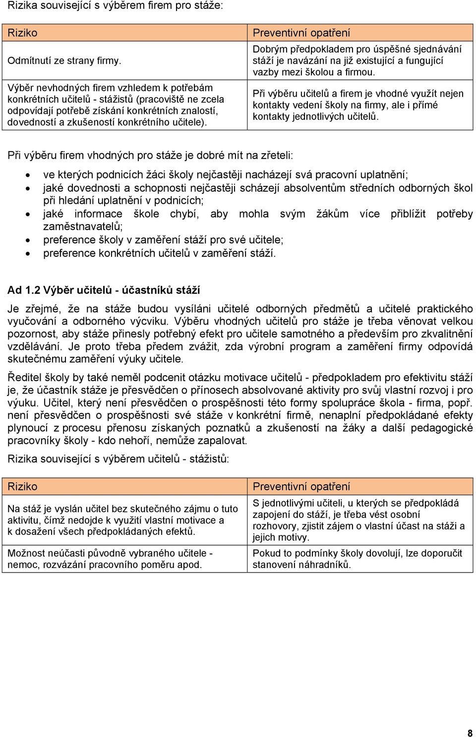 Preventivní opatření Dobrým předpokladem pro úspěšné sjednávání stáží je navázání na již existující a fungující vazby mezi školou a firmou.