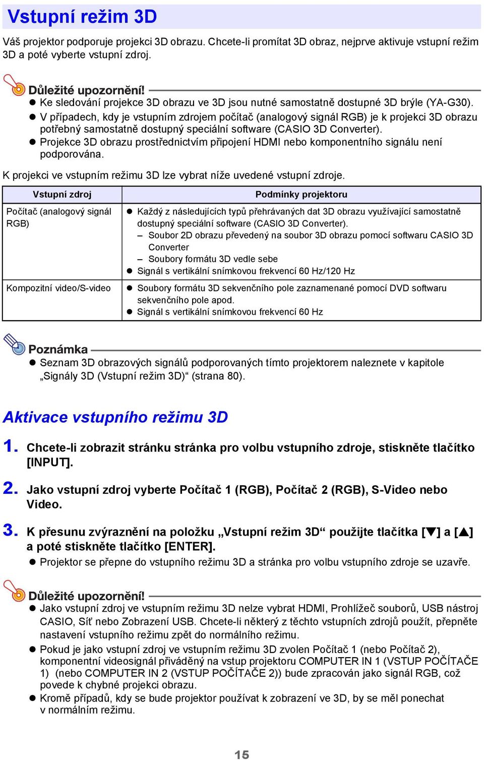 V případech, kdy je vstupním zdrojem počítač (analogový signál RGB) je k projekci 3D obrazu potřebný samostatně dostupný speciální software (CASIO 3D Converter).