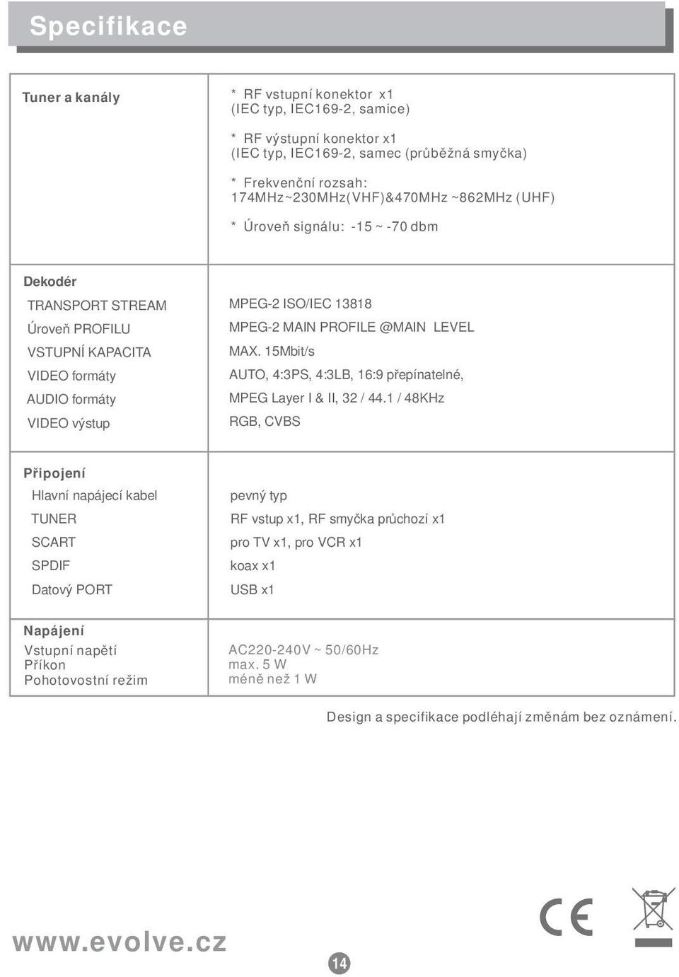 MAX. 15Mbit/s AUTO, 4:3PS, 4:3LB, 16:9 přepínatelné, MPEG Layer I & II, 32 / 44.