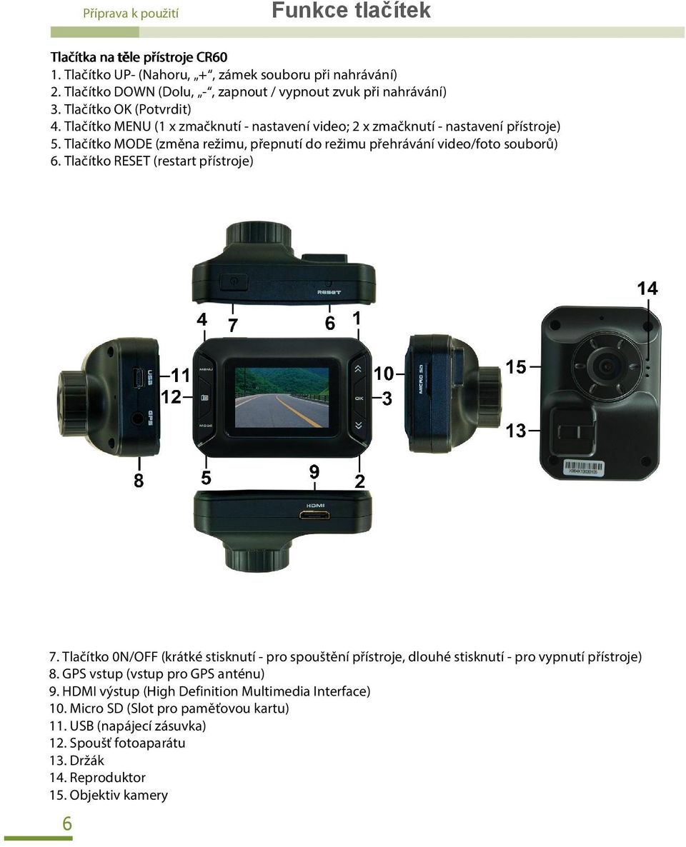 Tlačítko MODE (změna režimu, přepnutí do režimu přehrávání video/foto souborů) 6. Tlačítko RESET (restart přístroje) 7.