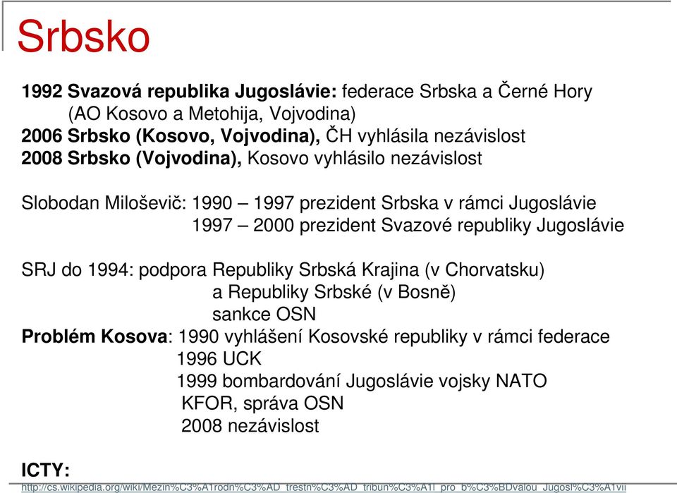 podpora Republiky Srbská Krajina (v Chorvatsku) a Republiky Srbské (v Bosně) sankce OSN Problém Kosova: 1990 vyhlášení Kosovské republiky v rámci federace 1996 UCK 1999