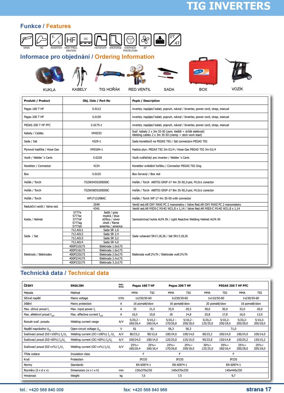 číslo / Part No Popis / Description Pegas 160 T HF 5.0112 invertor, napájecí kabel, popruh, návod / Inverter, power cord, strap, manual Pegas 200 T HF 5.