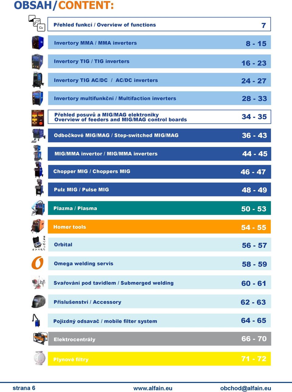 invertor / MIG/MMA inverters 44 45 Chopper MIG / Choppers MIG 46 47 Pulz MIG / Pulse MIG 48 49 Plazma / Plasma 50 53 Homer tools 54 55 Orbital 56 57 O Omega welding servis 58 59 Svařování
