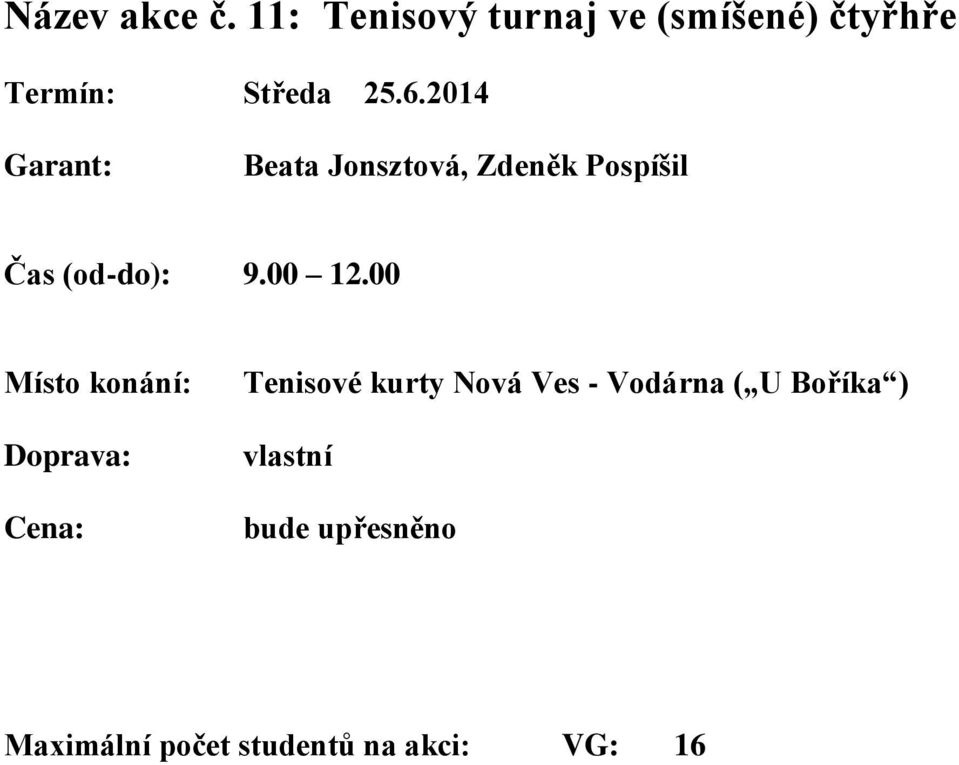 2014 Beata Jonsztová, Zdeněk Pospíšil Čas (od-do): 9.00 12.